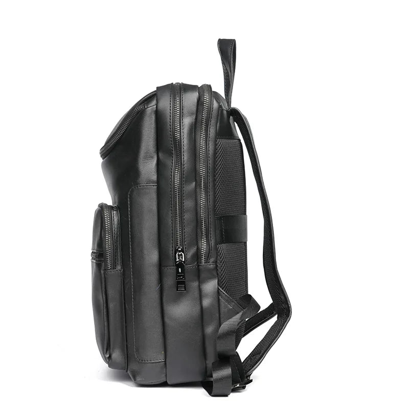 Men's 15.6 Inch Business Laptop Backpack Black Premium Cowhide Leather for Commuter Casual Student Office Travel