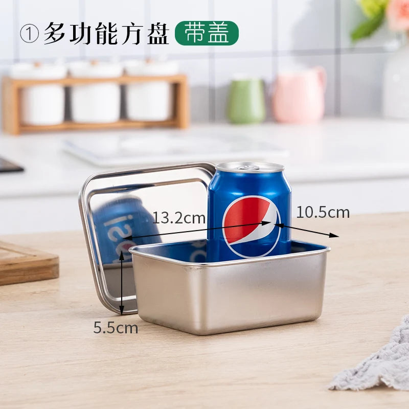 Stainless Steel Thickened Flat Bottom Rectangular Dish with Lid for Baking Steaming Dessert Dish Restaurant Fast Food Platter