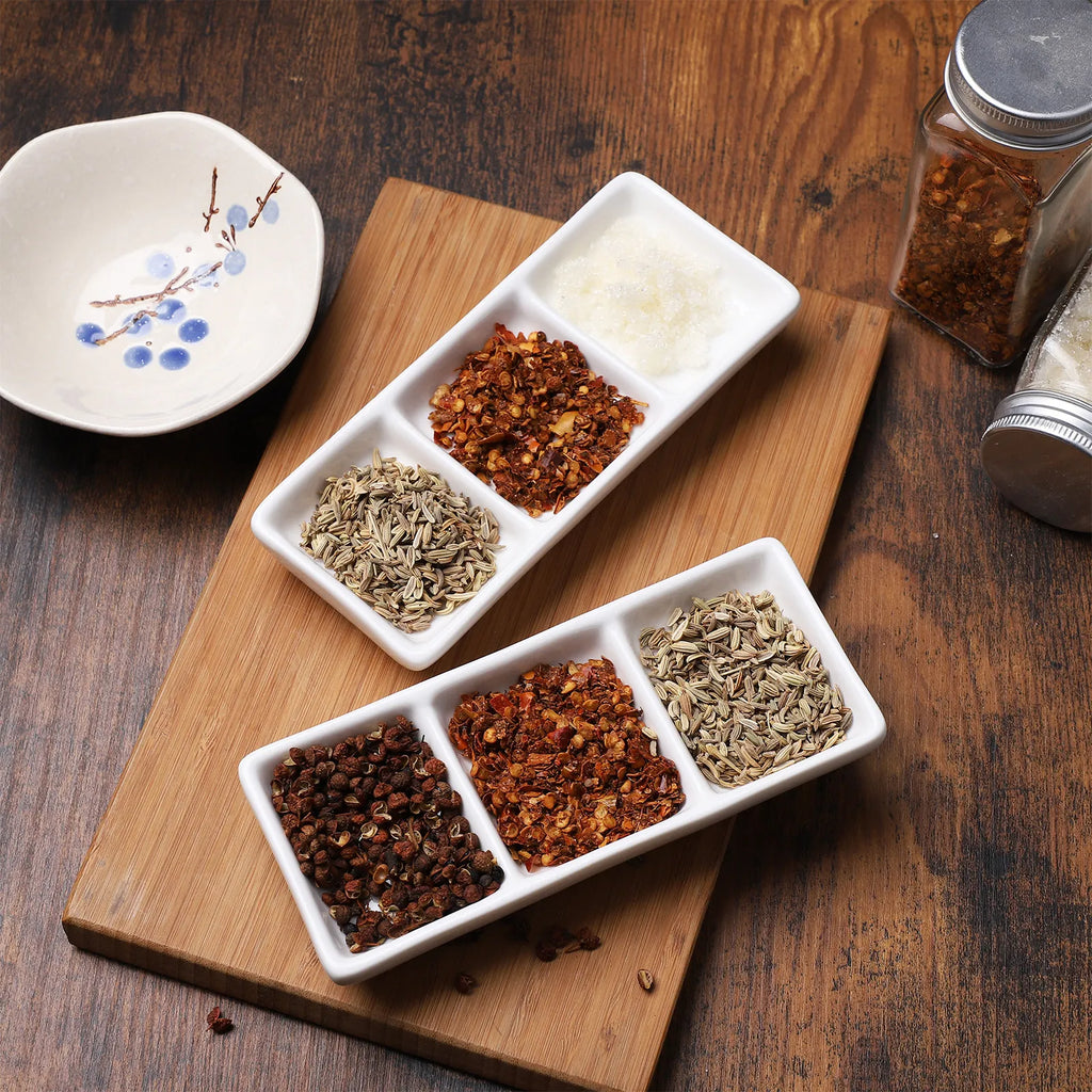 2Pcs Rectangular Ceramic Sauce Serving Tray 3-Compartment Appetizer Dish for Spice Soy Dips Appetizer Serving Tray