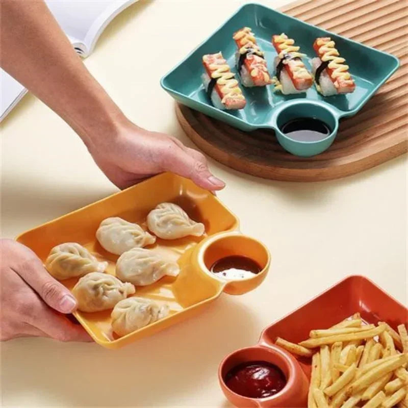 4pcs Easter Themed Chips & Dip Plates, Plastic Dumpling Serving Platter with Dipping Cup, Divided Snack Dishes for Appetizer