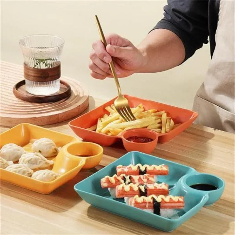 4pcs Easter Themed Chips & Dip Plates, Plastic Dumpling Serving Platter with Dipping Cup, Divided Snack Dishes for Appetizer