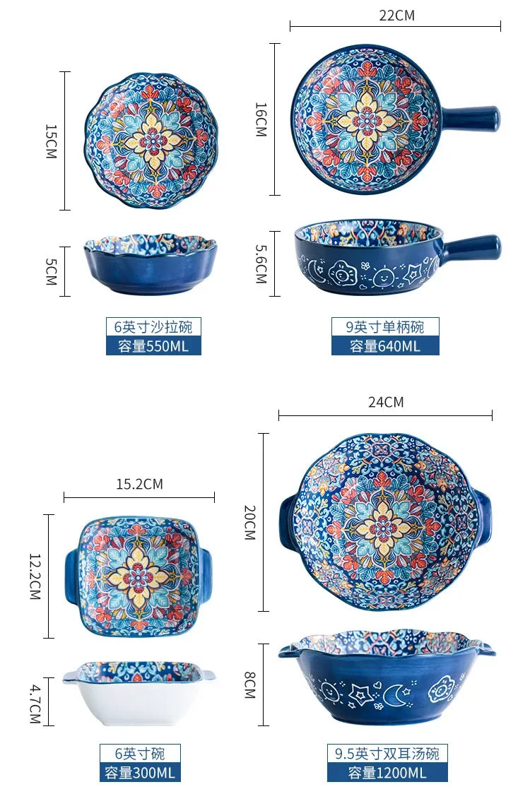 Bohemia Ceramic Rice Bowl Serving Plate Creative Ceramic Cutlery Soup Noodle Bowl Household Handle Bowl Sauce Dish