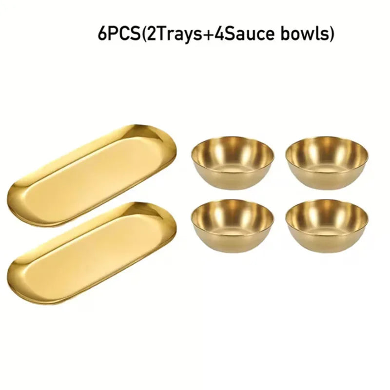 3/6/9/12pcs Golden Sauce Bowl Serving Tray Set Stainless Steel Seasoning Cup Sushi Dipping Bowl Serving Tray Snack Dish Plate