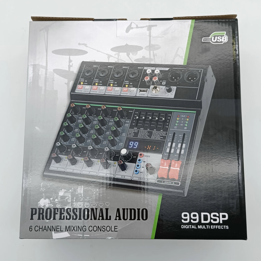 6 Channel Audio DJ Mixer Individual 48V Output 7 Band EQ 99 Effect USB Bluetooth Play Sound Mixing Console