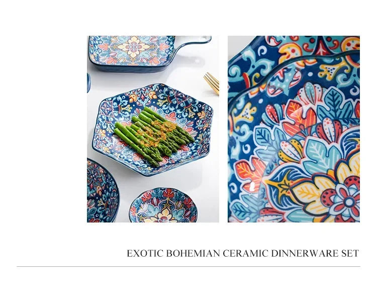 Bohemia Ceramic Rice Bowl Serving Plate Creative Ceramic Cutlery Soup Noodle Bowl Household Handle Bowl Sauce Dish