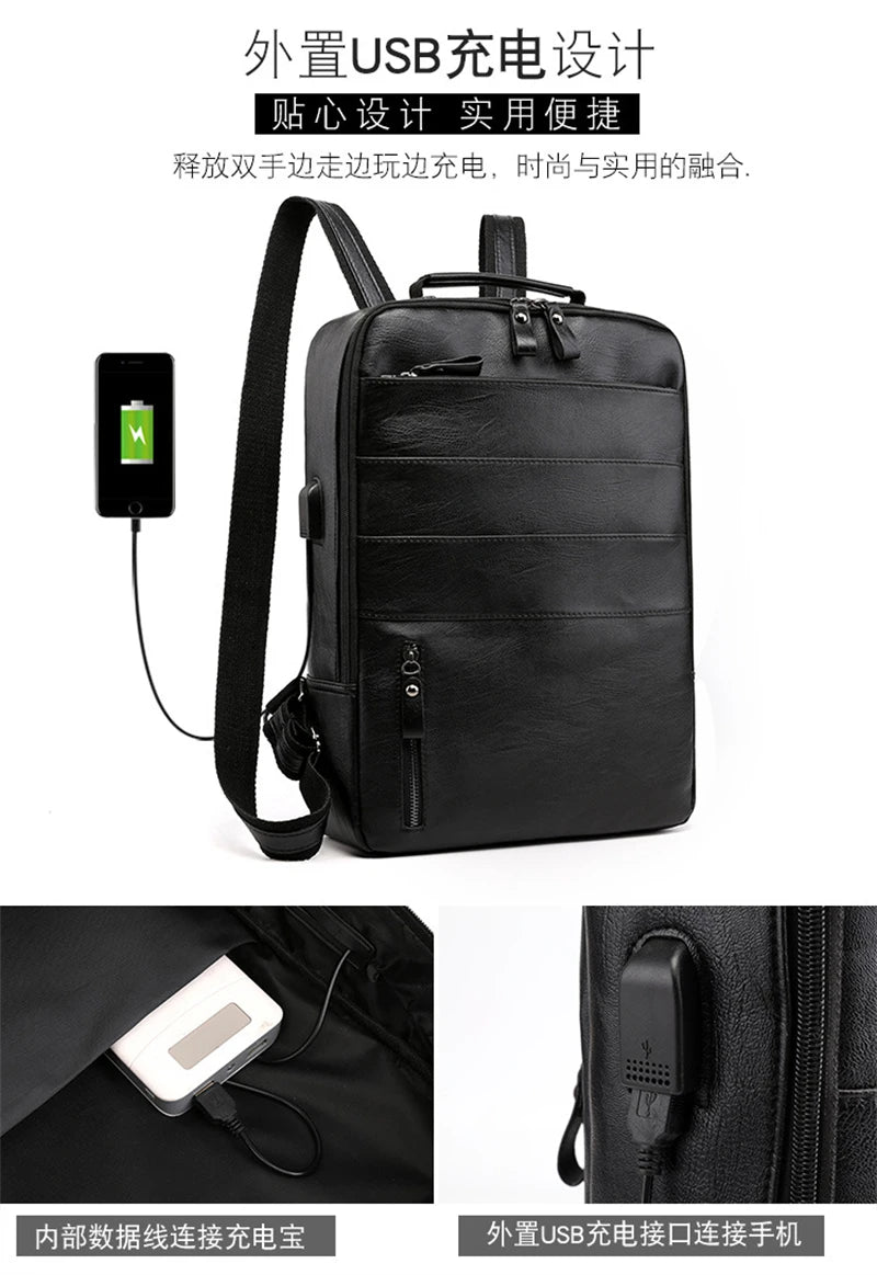 Business Backpacks For Men Waterproof PU Leather Laptop Bag Large Capacity USB Charging Rucksack Male Fashion Travel Bagpack sac