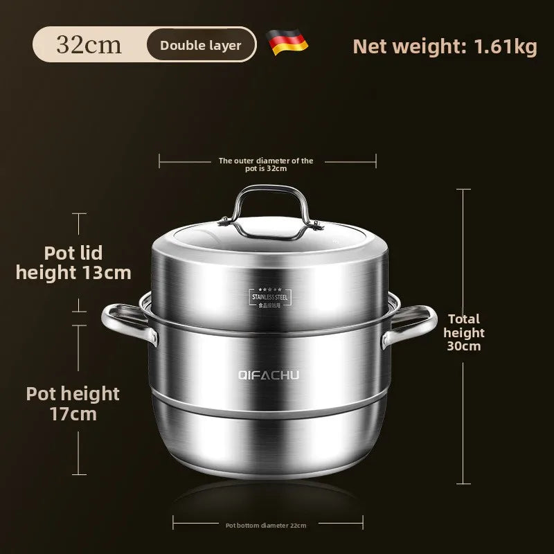 Household 304 stainless steel steamer -thick bottom, large capacity, dual-layer and triple-layer multi-functional universal type