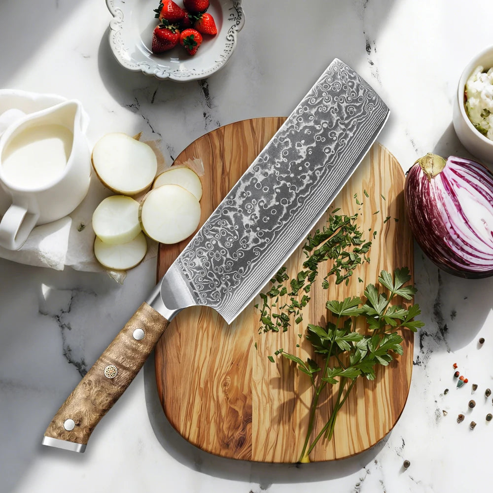 7 inch Kitchen Chef Knife  Nakiri Knife Damascus Steel 67 Layers Sharp Natural Burl wood Handle Handmade Kitchen knife