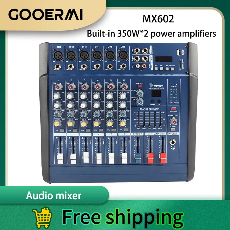 GOOERMI MX602 Mixer 6 Channel DJ Audio Mixer USB Interface Controller Power Mixer Amplifier For Stage Studio Recording Singing
