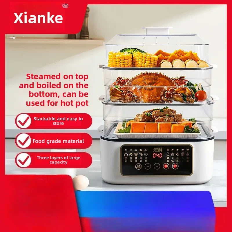 Electric Steamer Multi-Functional Three-Layer Breakfast Maker with Large Capacity, Keep Warm, Pre-Set Timer