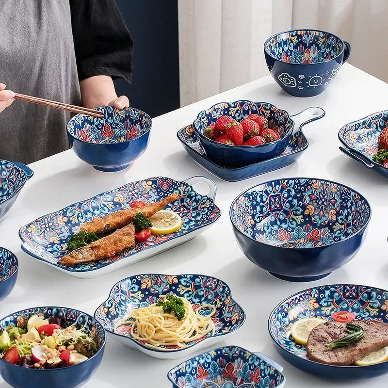Bohemia Ceramic Rice Bowl Serving Plate Creative Ceramic Cutlery Soup Noodle Bowl Household Handle Bowl Sauce Dish