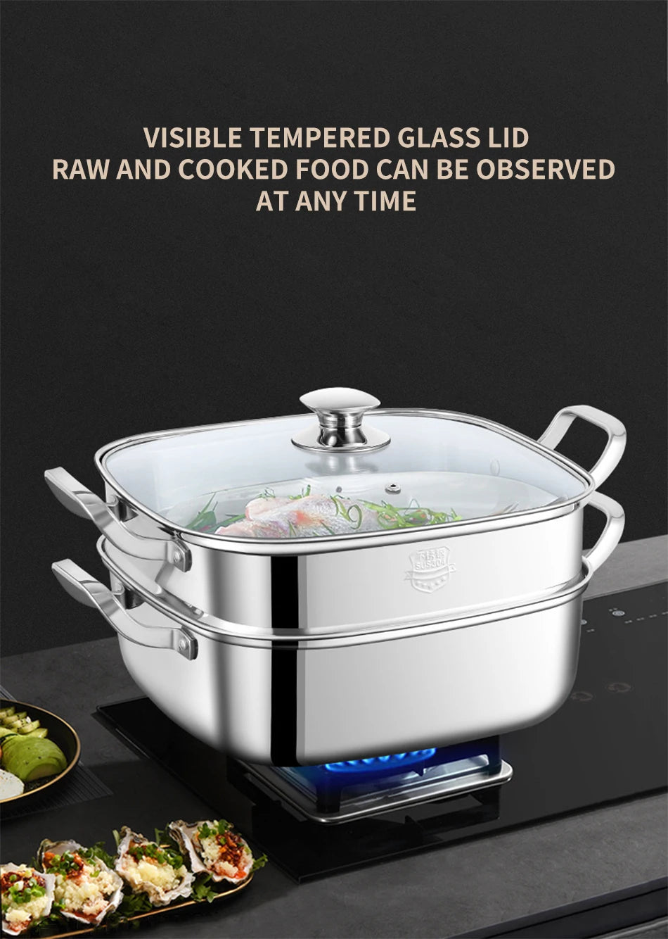 Household Square Steamer 316 Stainless Steel Thickened Three-Layer Steamer Tray Multifunctional for Gas & Electromagnetic Use