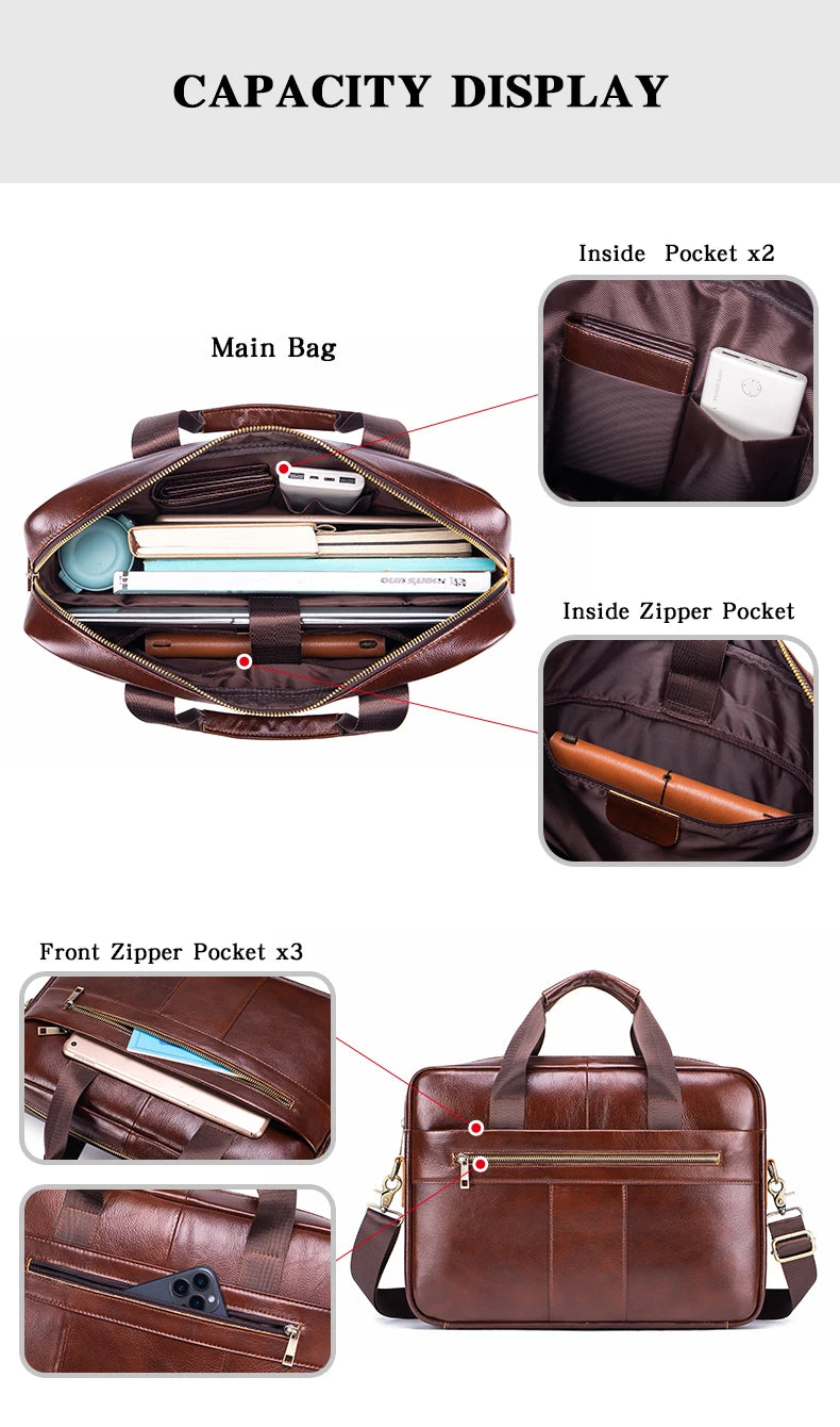 Men's Genuine Leather Laptop Bag Vintage Business Briefcase Shoulder Handbag Messenger Computer Bag Work Travel