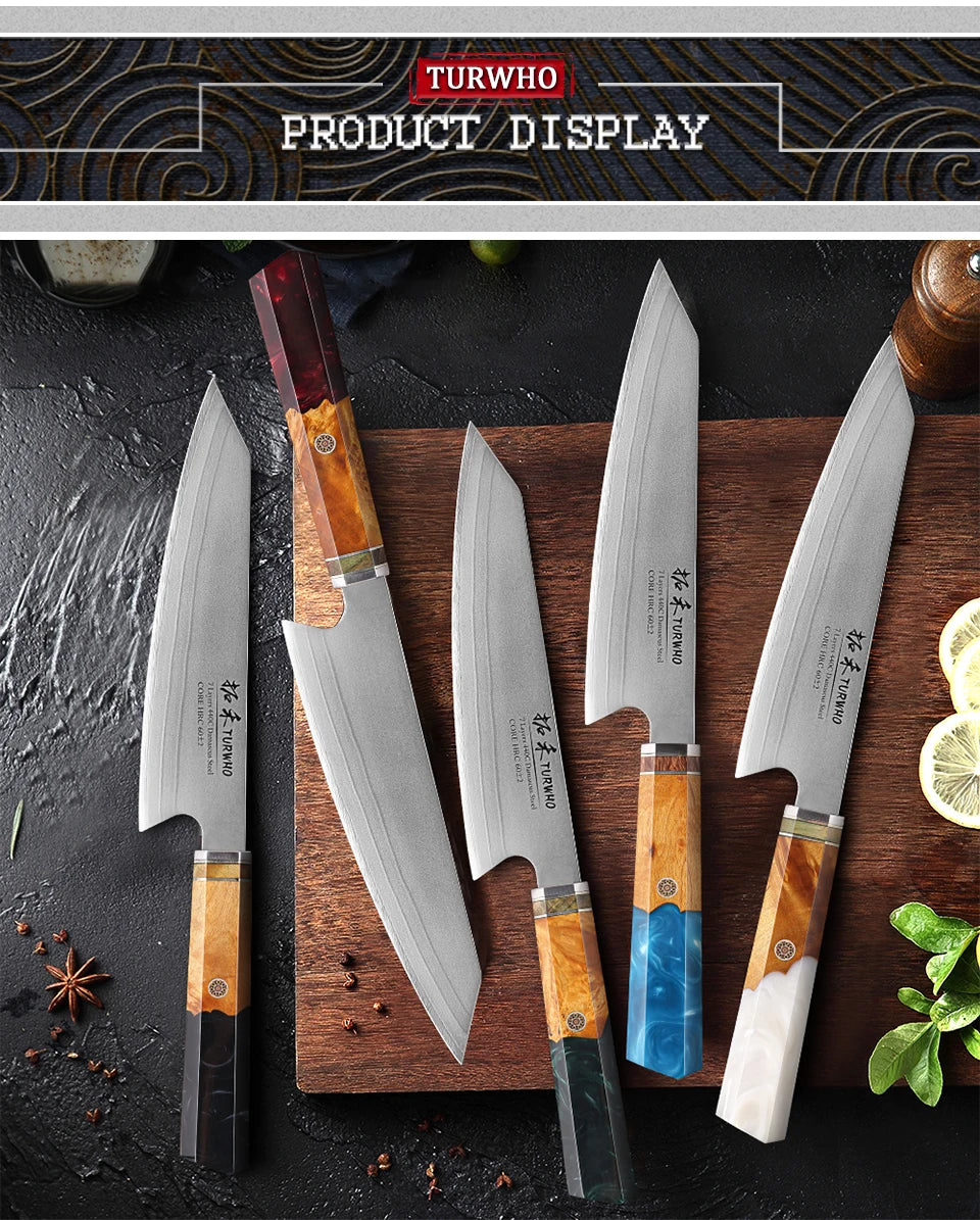 TURWHO 8" Japanese Kiritsuke Knife 7 Layer 440C Damascus Steel Hand Forged Meat Cleaver Kitchen Chef Knives Sharp Cooking Tools