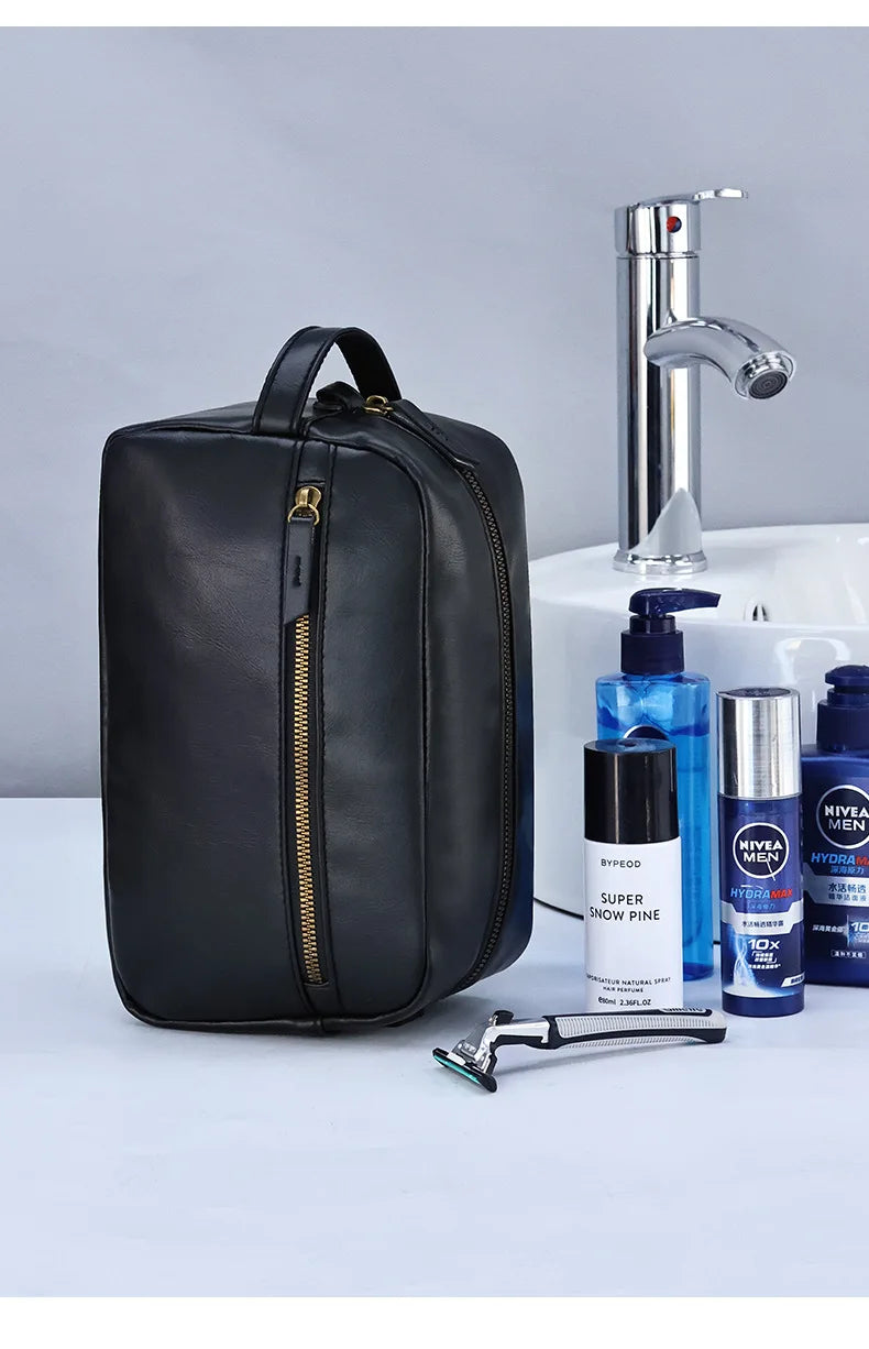 Men Business Travel Wash Toiletry Bag Waterproof PU Leather Bathroom Shaving Tools Organizer Bag Makeup Pouch Women Cosmetic Bag