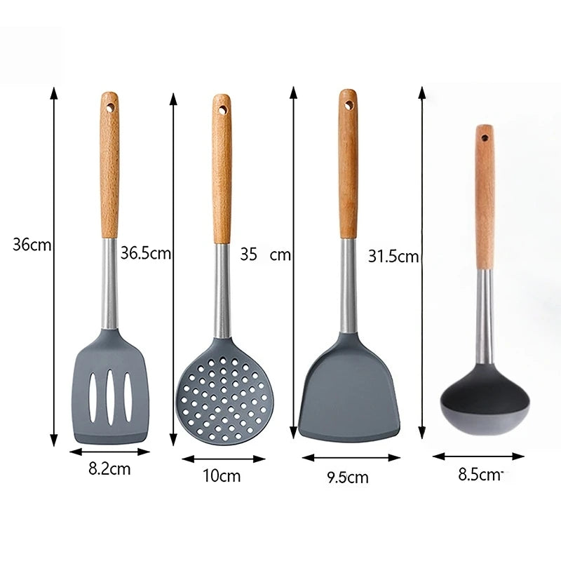 Silicone Cooking Utensil Set Heat Resistant Non Stick Cookware Spatula Shovel Kitchenware Measuring Spoons Baking Tool Set