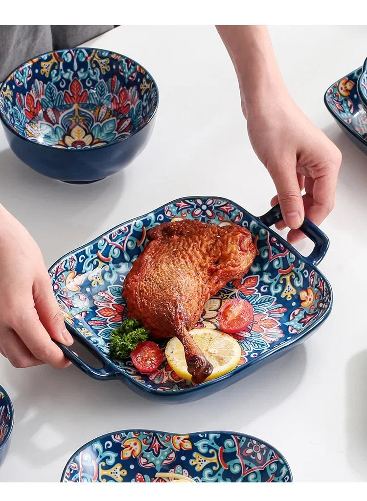 Bohemia Ceramic Rice Bowl Serving Plate Creative Ceramic Cutlery Soup Noodle Bowl Household Handle Bowl Sauce Dish