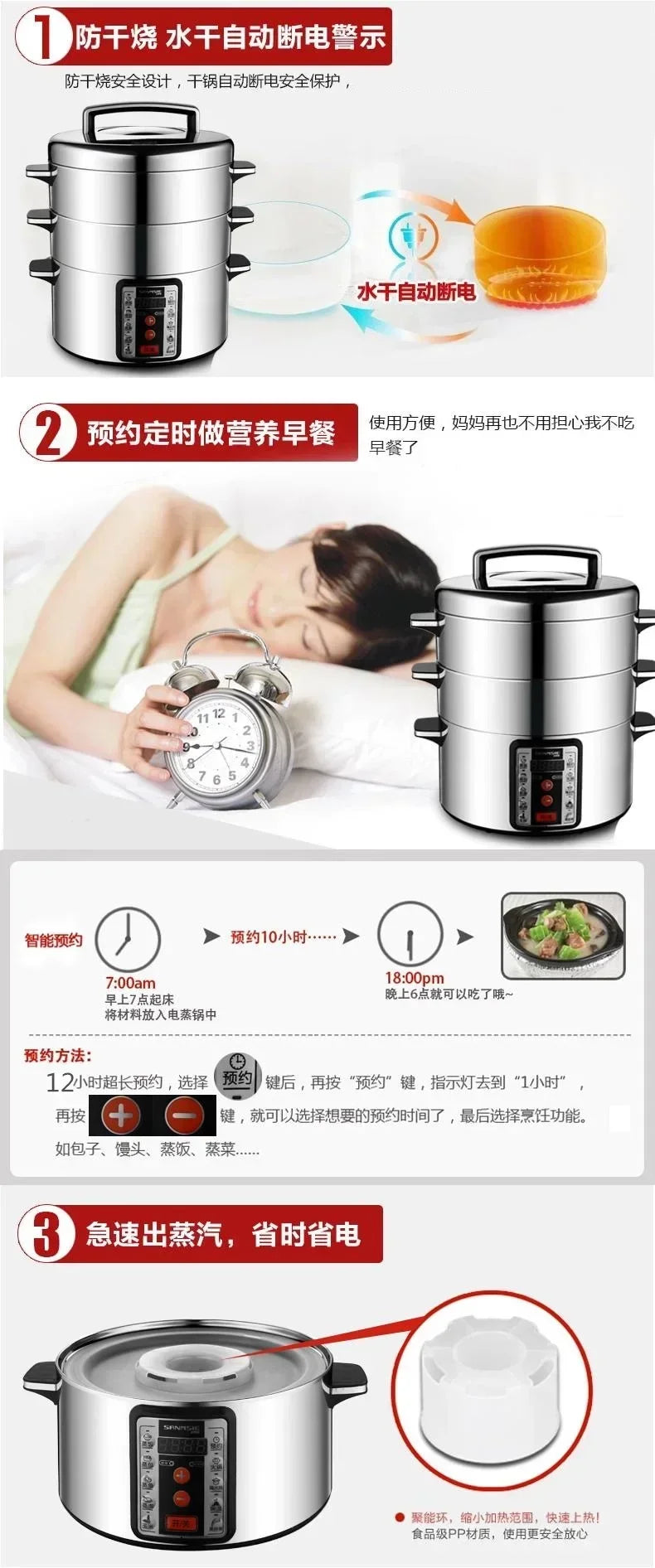 220V Electric Steamer Multifunctional Household and Commercial Stainless Steel Multi-layer Large-capacity Electric Steamer AD