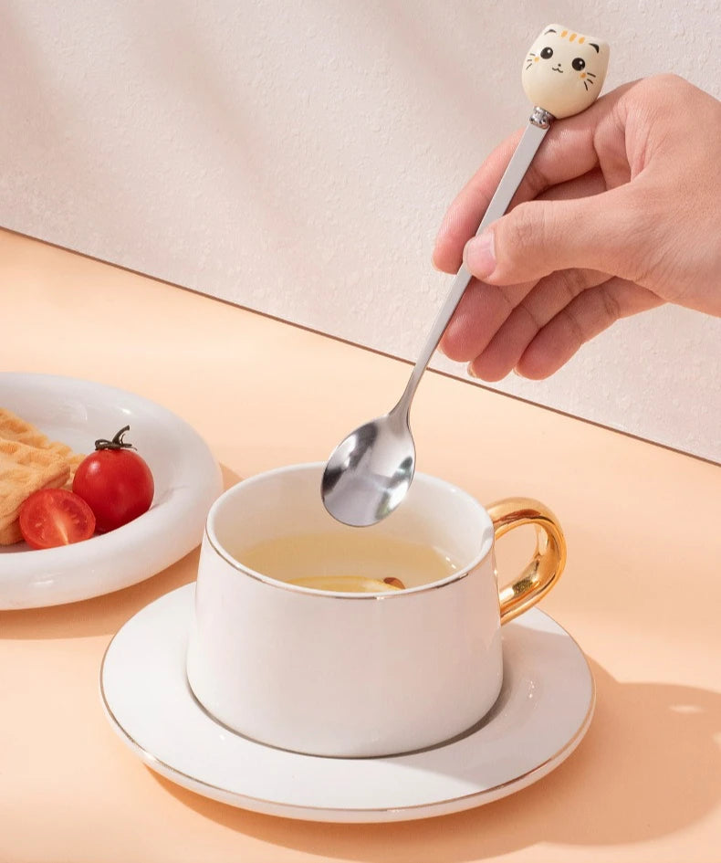 Coffee and Dessert Spoons Flatware Kitchen Tools Ice Cream Cartoon Stirring Spoon Stainless Steel Long Cat Handle Ceramic Spoon
