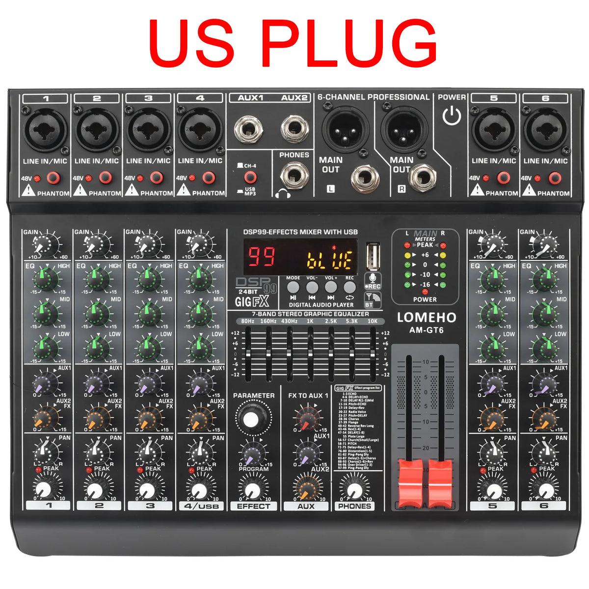 LOMEHO 7 Band EQ Audio Sound Mixer Table 6/8 Channel Mixing DJ Console with USB 2 AUX Output Individual 48V 99 Effect  AM-GT6/8