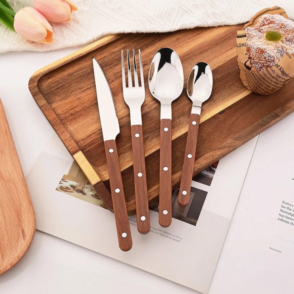 5/20Pcs Imitative Wood Silver Dinnerware Set Western Knife Fork Spoons Set Mirror Stainless Steel Cutlery Kitchen Silverware Set
