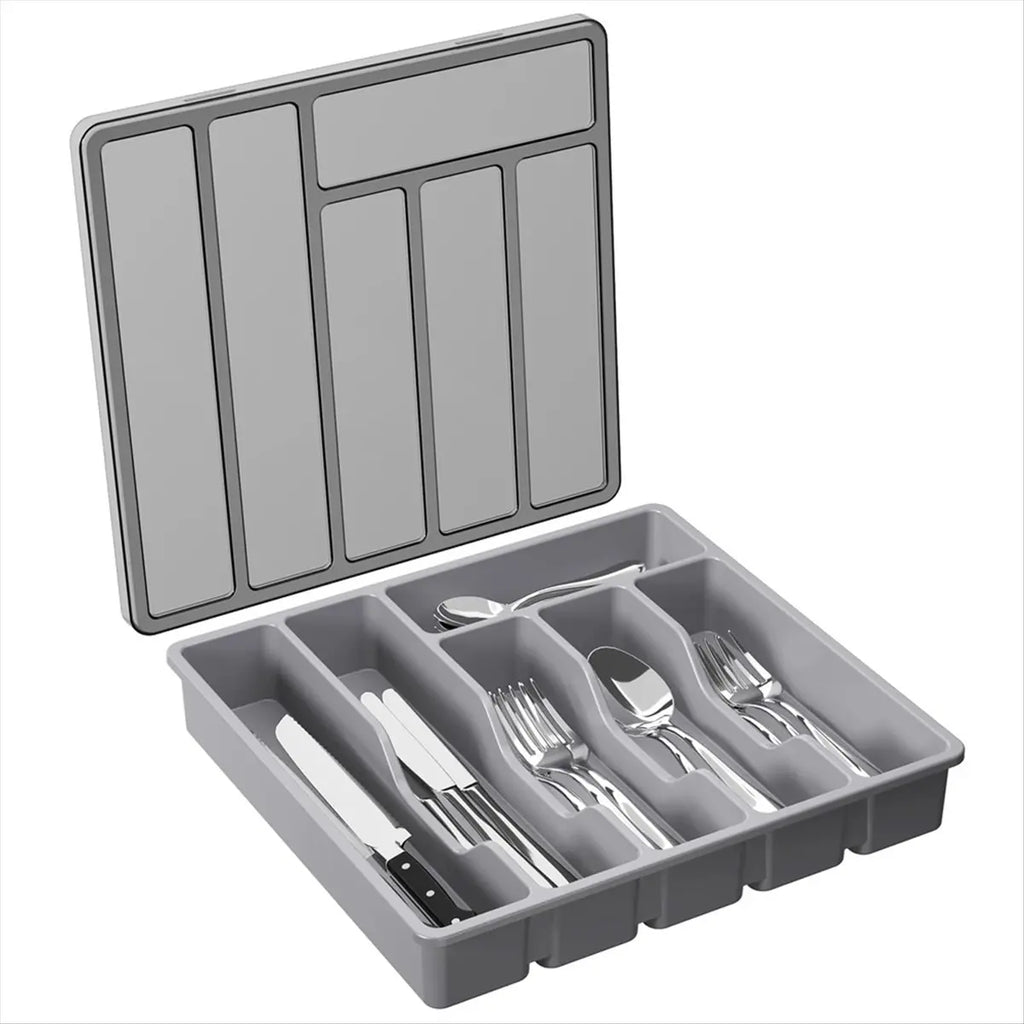 [CLOS] Silverware Organizer with Lid,Covered Utensil Tray for Kitchen Drawer and Countertop, Plastic Cutlery and Flatware Gray