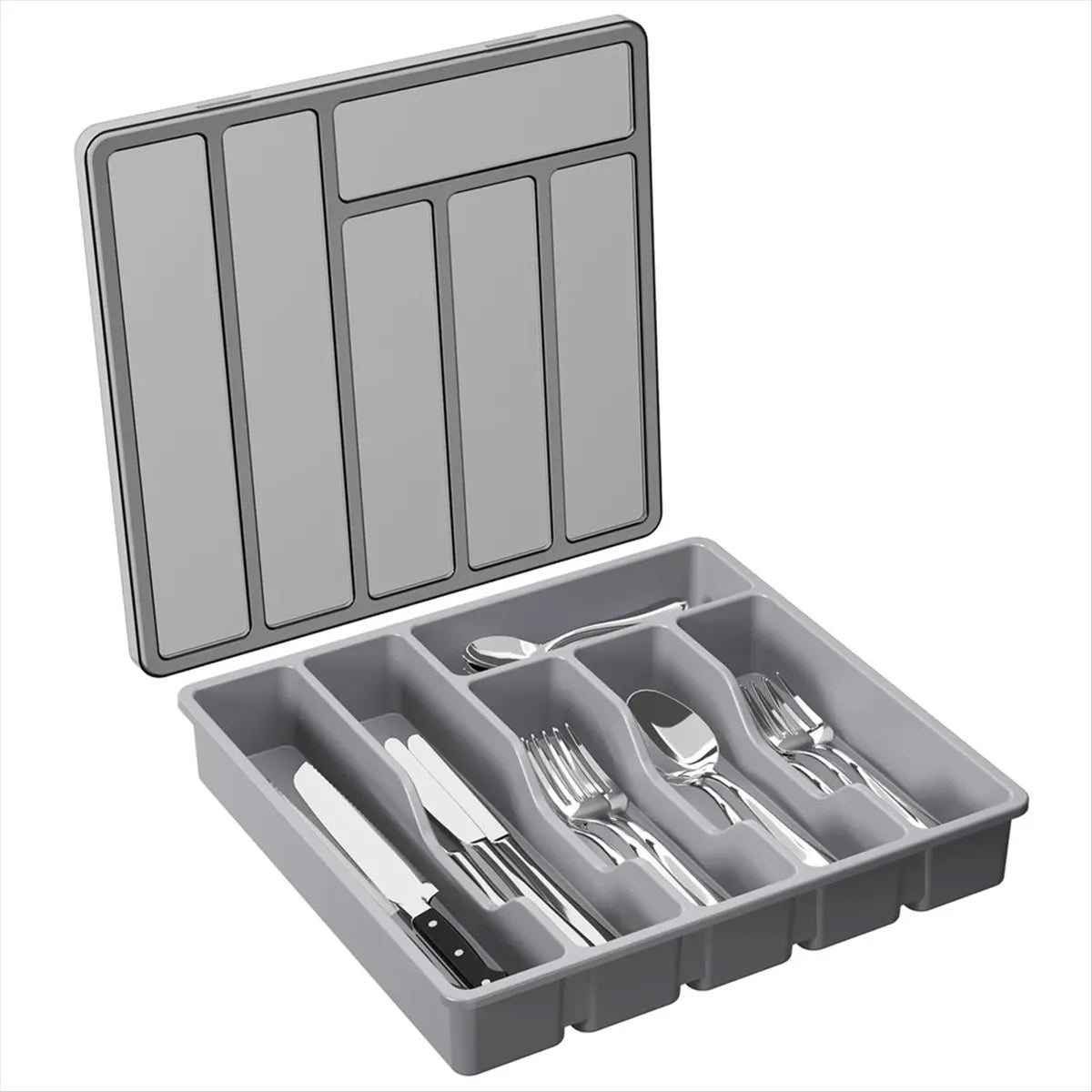 [CLOS] Silverware Organizer with Lid,Covered Utensil Tray for Kitchen Drawer and Countertop, Plastic Cutlery and Flatware Gray