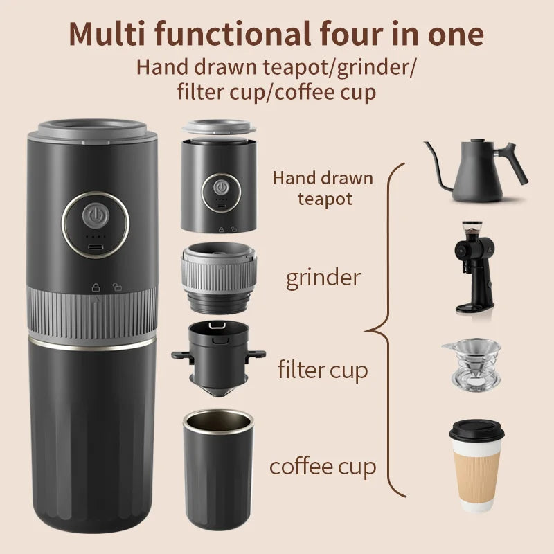 All-in-One Coffee Maker Travel-Friendly Handheld Espresso Machine with Built-in Grinder Mini Pour over Cup for Home And Outdoor