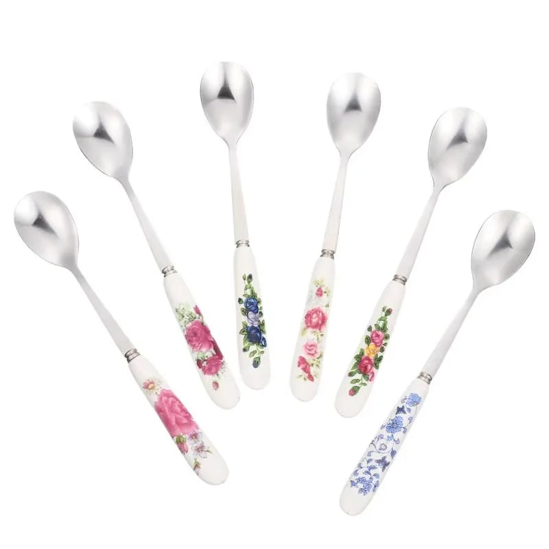 6pcs Stainless Steel Coffee Spoons With Ceramic Handles - Perfect For Mixing, Sugar, Ice Cream Kitchen & Dining Accessories
