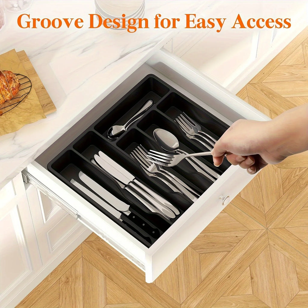 Silverware Organizer with Lid, Covered Utensil Tray for Kitchen Drawer and Countertop, Plastic Cutlery and Flatware Storage Box
