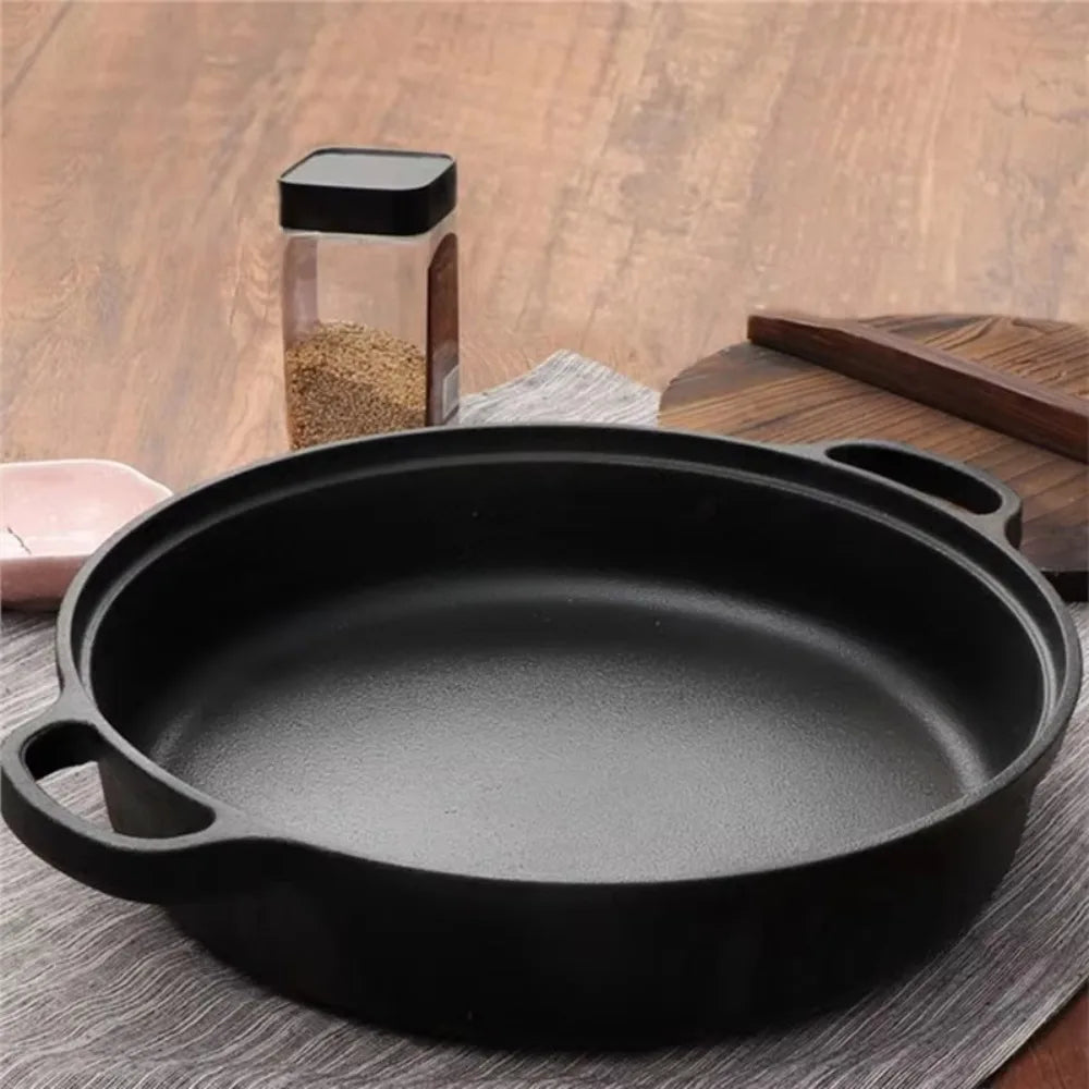 Kitchen Cookware Non-Stick Cast Iron Skillet Flat Bottomed Double Handle Frying Pan Thickened Non-coated Wok Outdoor