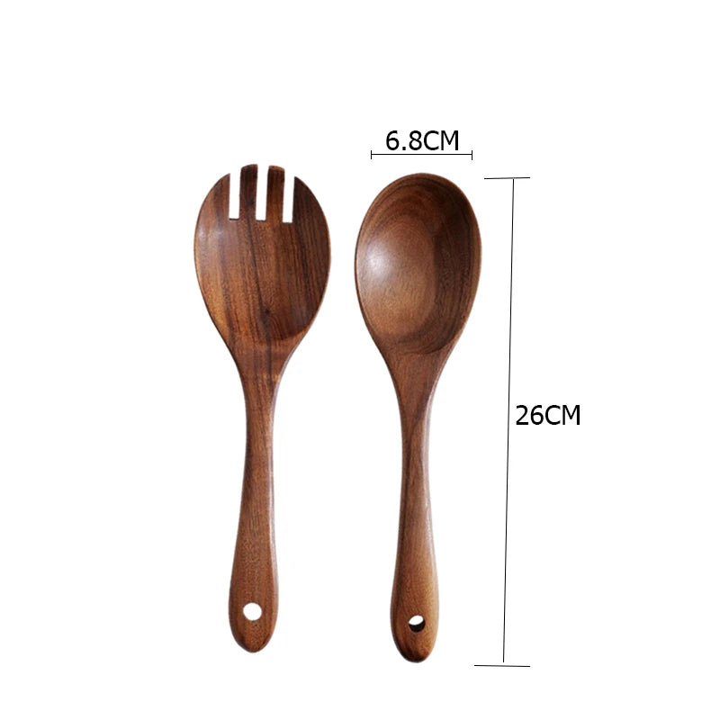 2Pcs Wooden Salad Spoons Acacia Salad Tongs Durable Wood Salad Mixing Dinner Fork And Spoon Long Handle Salad Server Spoons Set
