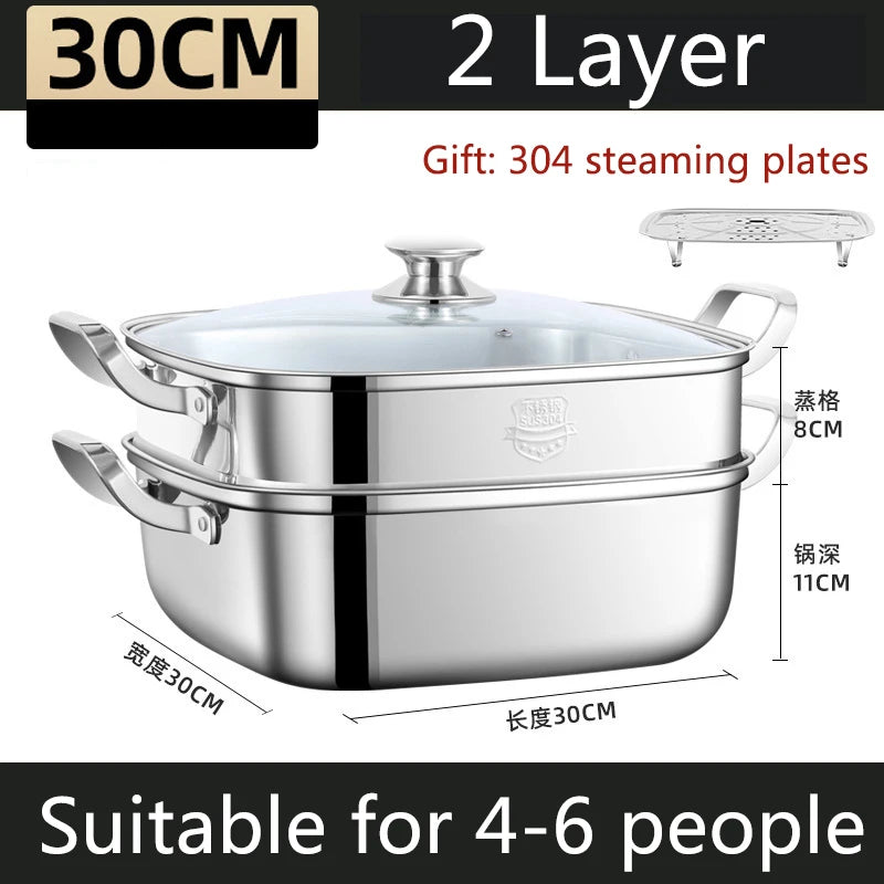Household Square Steamer 316 Stainless Steel Thickened Three-Layer Steamer Tray Multifunctional for Gas & Electromagnetic Use