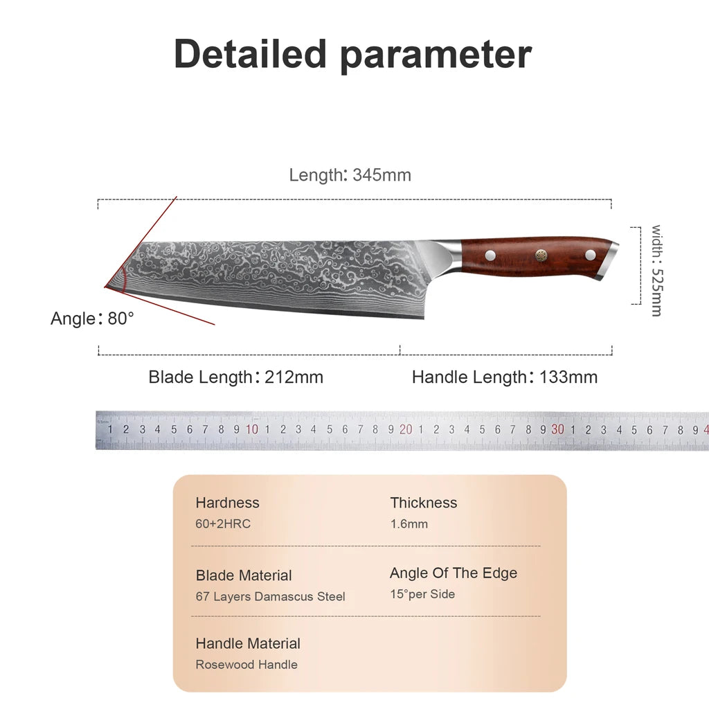 8.5" Kiritsuke Knives 67 Layers Damascus Steel Sharp Blade Chef Knife Meat Cutting Kitchen Cooking Tools with Rosewood Handle