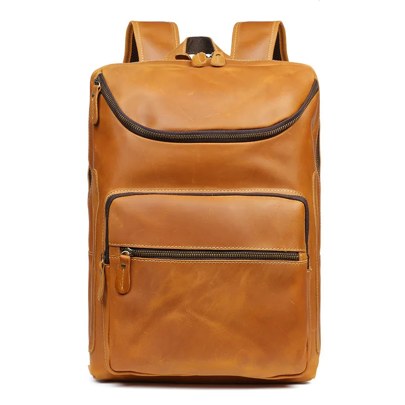 Men's 15.6 Inch Business Laptop Backpack Black Premium Cowhide Leather for Commuter Casual Student Office Travel