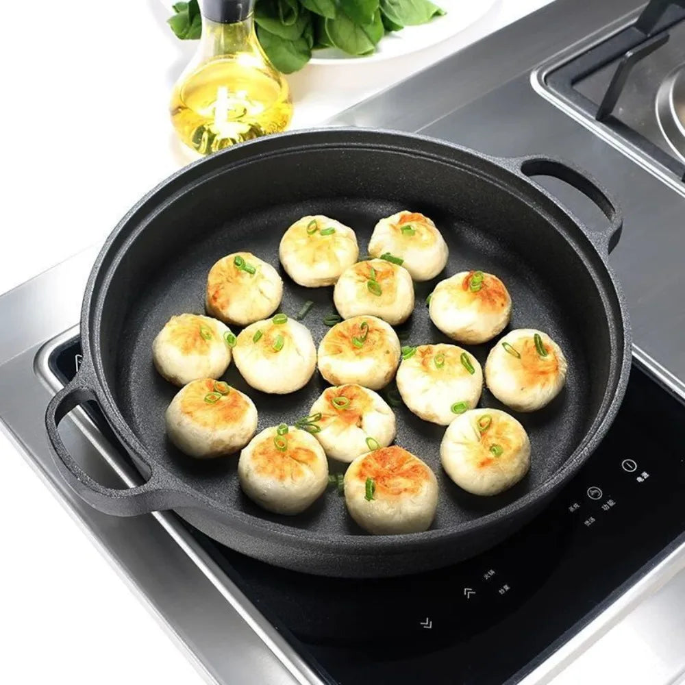Kitchen Cookware Non-Stick Cast Iron Skillet Flat Bottomed Double Handle Frying Pan Thickened Non-coated Wok Outdoor