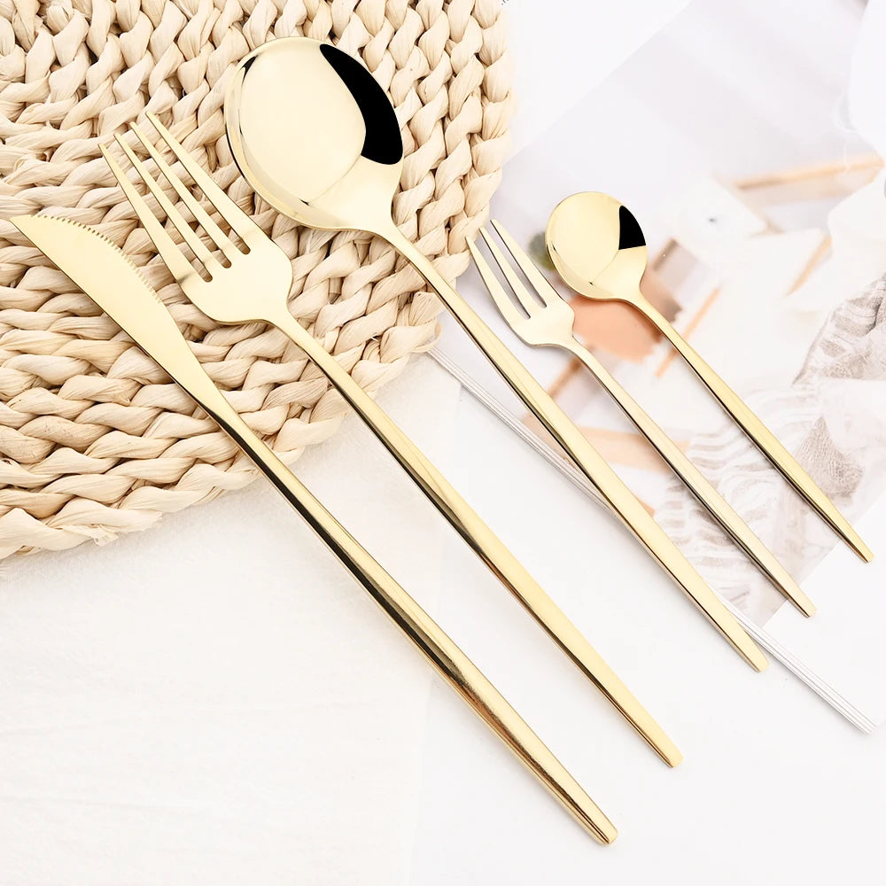30Pcs White Gold Cutlery Set Stainless Steel Tableware Knife Cake Fork Spoon Dinnerware Set Kitchen Flatware Silverware