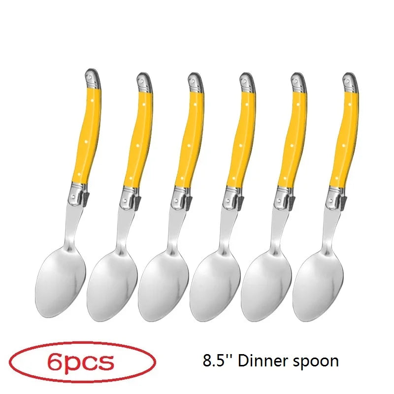 8'' 6pcs Laguiole Dinner Spoon Stainless Steel Long handle Table Spoons White Cutlery Black Big Serve Scoop Set Dinnerware