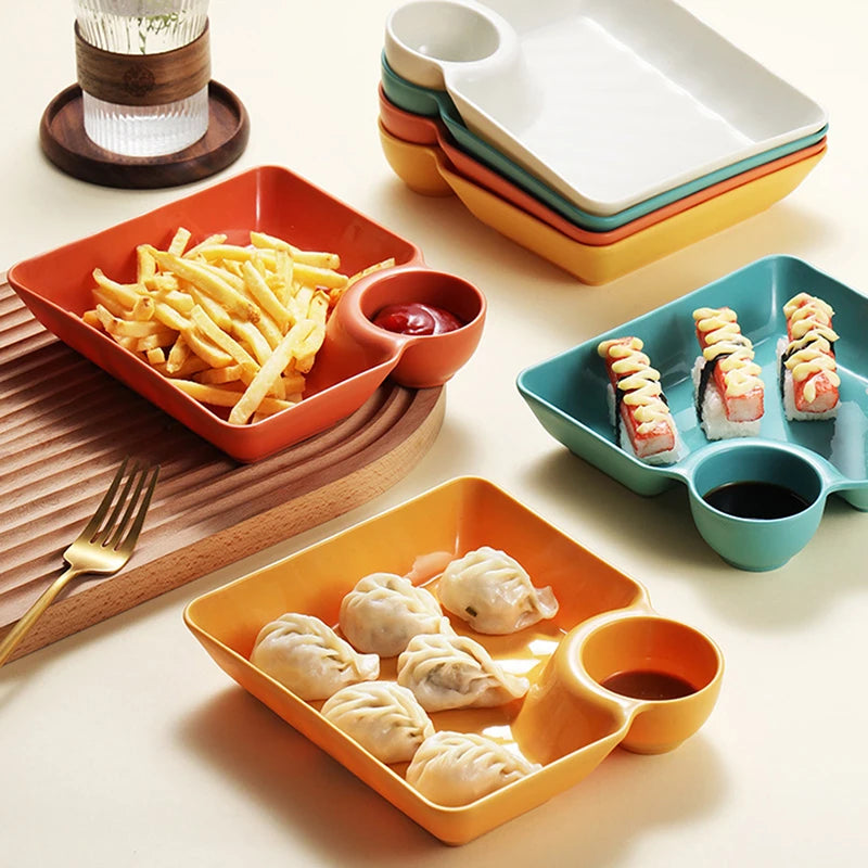 Large Square Dumpling Plate with Vinegar Space Snack Platter Creative Separated Divided Tray Tableware christmas tableware