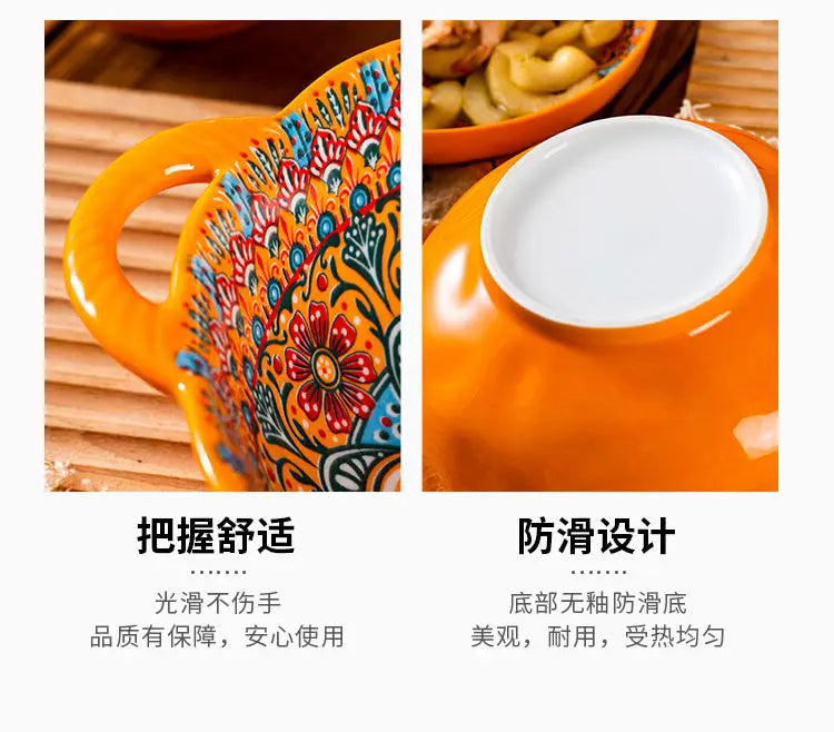 Bohemia Ceramic Rice Bowl Serving Plate Creative Ceramic Cutlery Soup Noodle Bowl Household Handle Bowl Sauce Dish