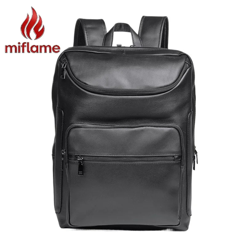 Men's 15.6 Inch Business Laptop Backpack Black Premium Cowhide Leather for Commuter Casual Student Office Travel