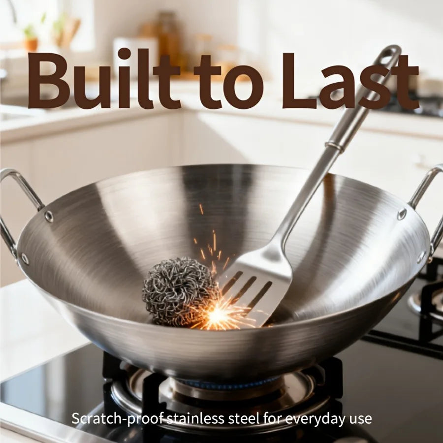 1pc Large Stainless Steel Wok, Uncoated Thick High-Quality Durable Chef'S Pan with Dual Handles, Easy to Clean for Commercial