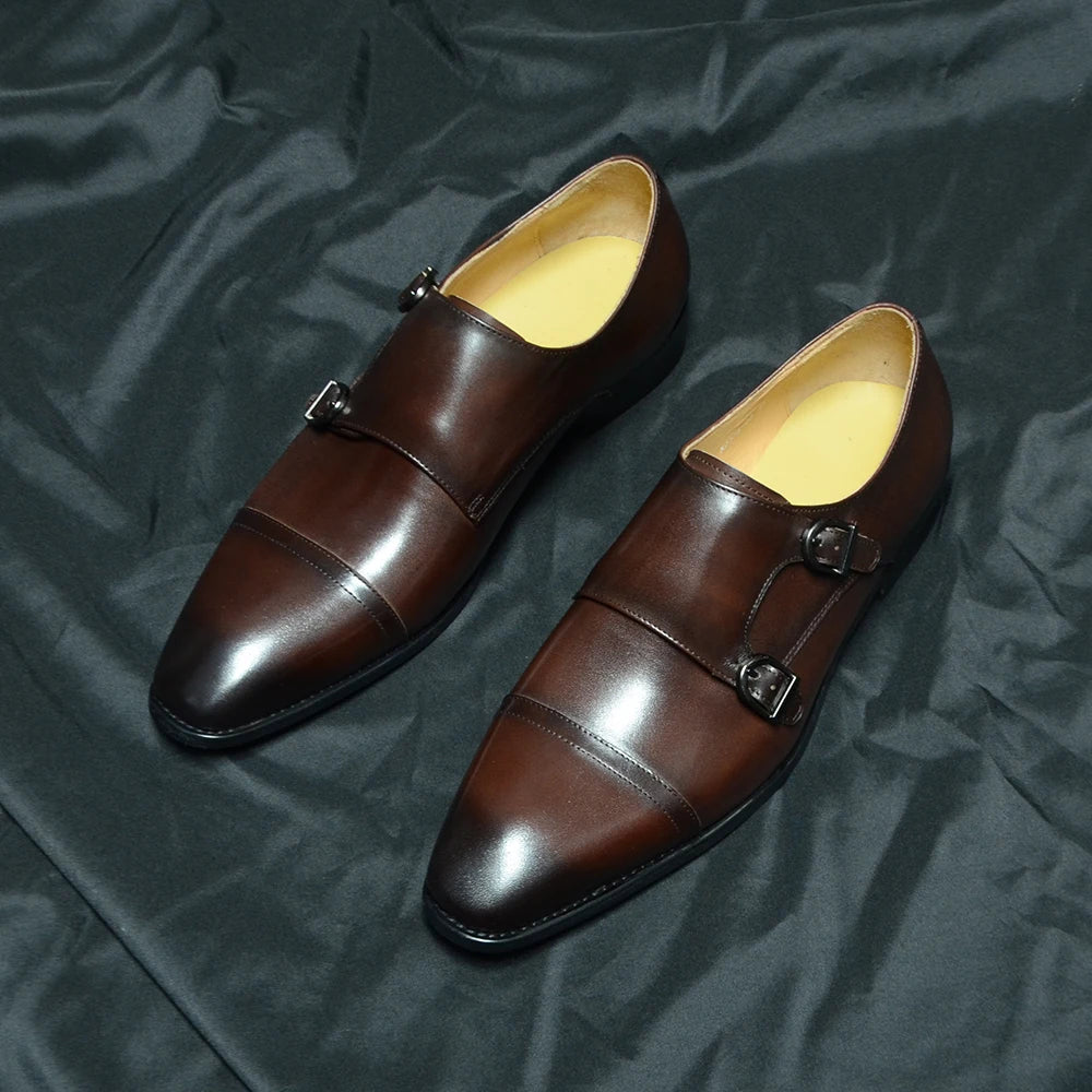 Luxury Men's Business Dress Shoes Genuine Leather Monk Strap Buckle Handmade Italian Brown Black Office Suit Formal Shoes Man