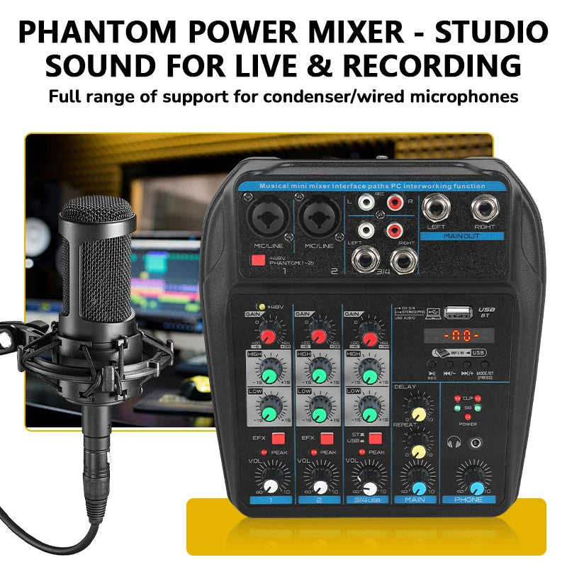 4 Channel Mixer DJ Mixing Console Portable Channel Mixer Multi Interfaces PC Compatible for Recording Live Streaming Karaoke
