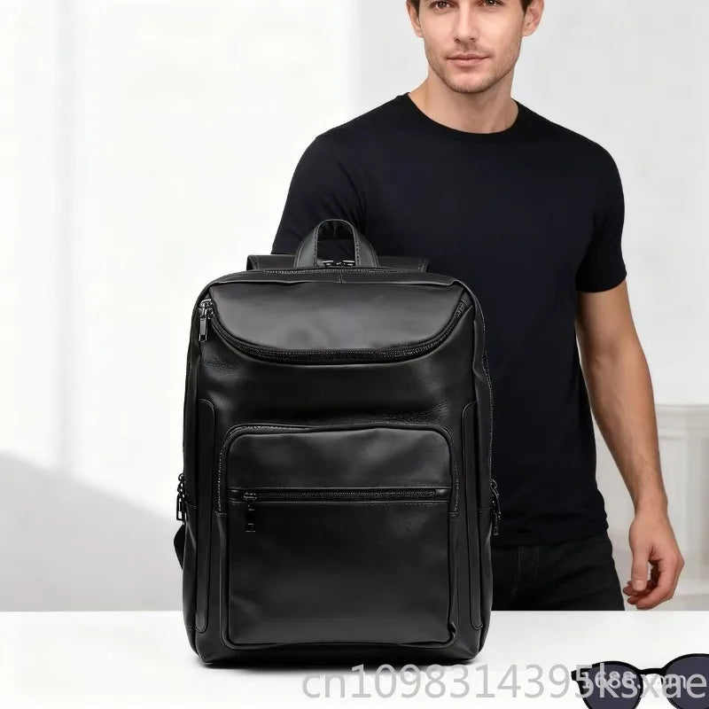 Men's 15.6 Inch Business Laptop Backpack Black Premium Cowhide Leather for Commuter Casual Student Office Travel