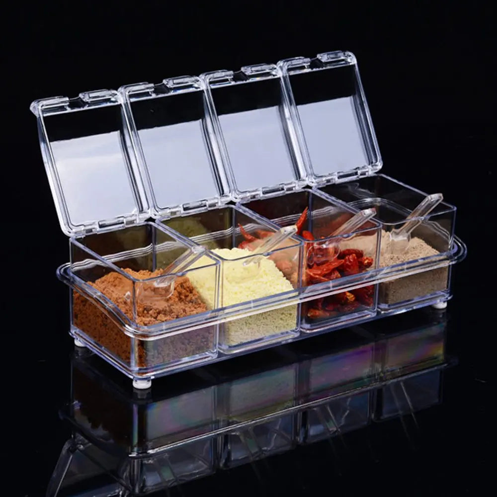 Kitchen Accessories Gourmet Acrylic Seasoning Box with 4 Serving Spoons Spice Jar Set Condiment Cruet Bottle Kitchen Supplies