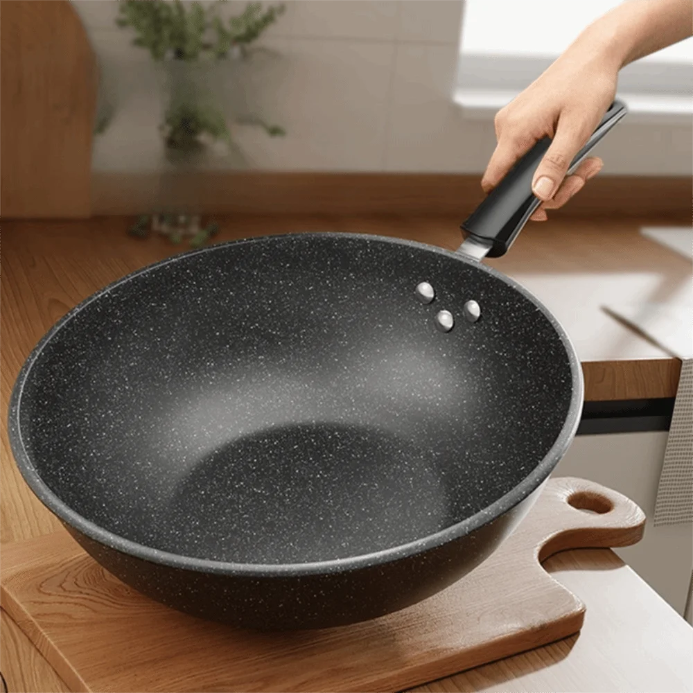 Kitchen Cookware Non-Stick Stir-Fry Pan Universal with Lid Skillet Flat Bottomed Frying Pan Cooking
