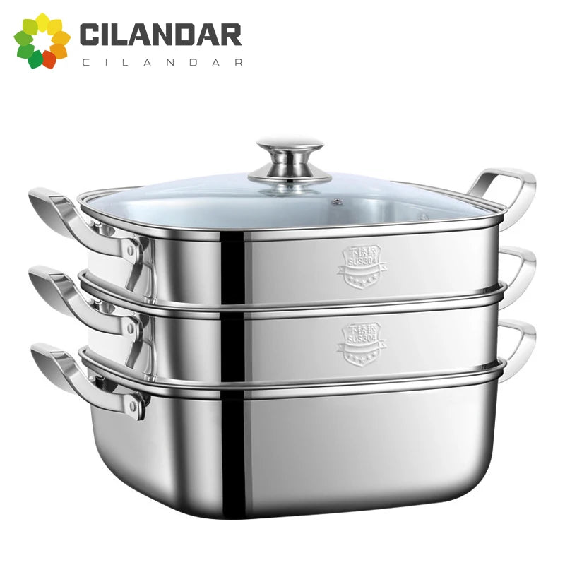 Household Square Steamer 316 Stainless Steel Thickened Three-Layer Steamer Tray Multifunctional for Gas & Electromagnetic Use