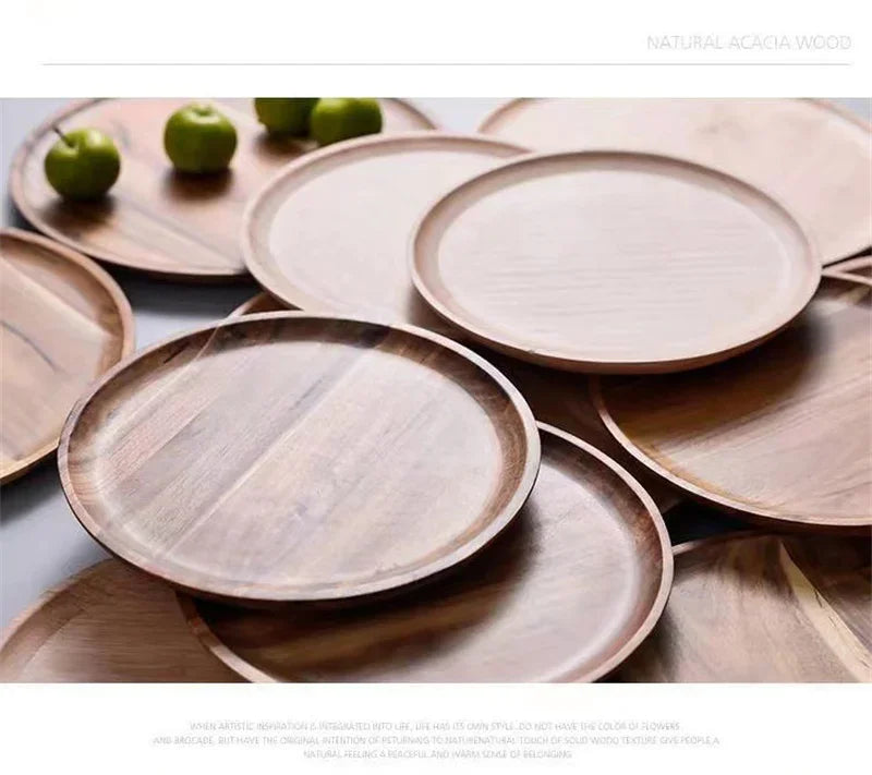 15/20/25cm Wooden Round Serving Platter Tray Retro Wood Pizza Salad Plate Fruit Dessert Tray Bread Cake Container Snacks Dish