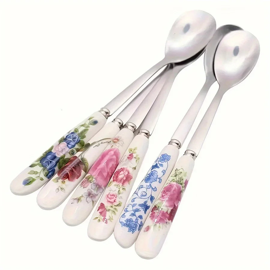 6pcs Stainless Steel Coffee Spoons With Ceramic Handles - Perfect For Mixing, Sugar, Ice Cream Kitchen & Dining Accessories